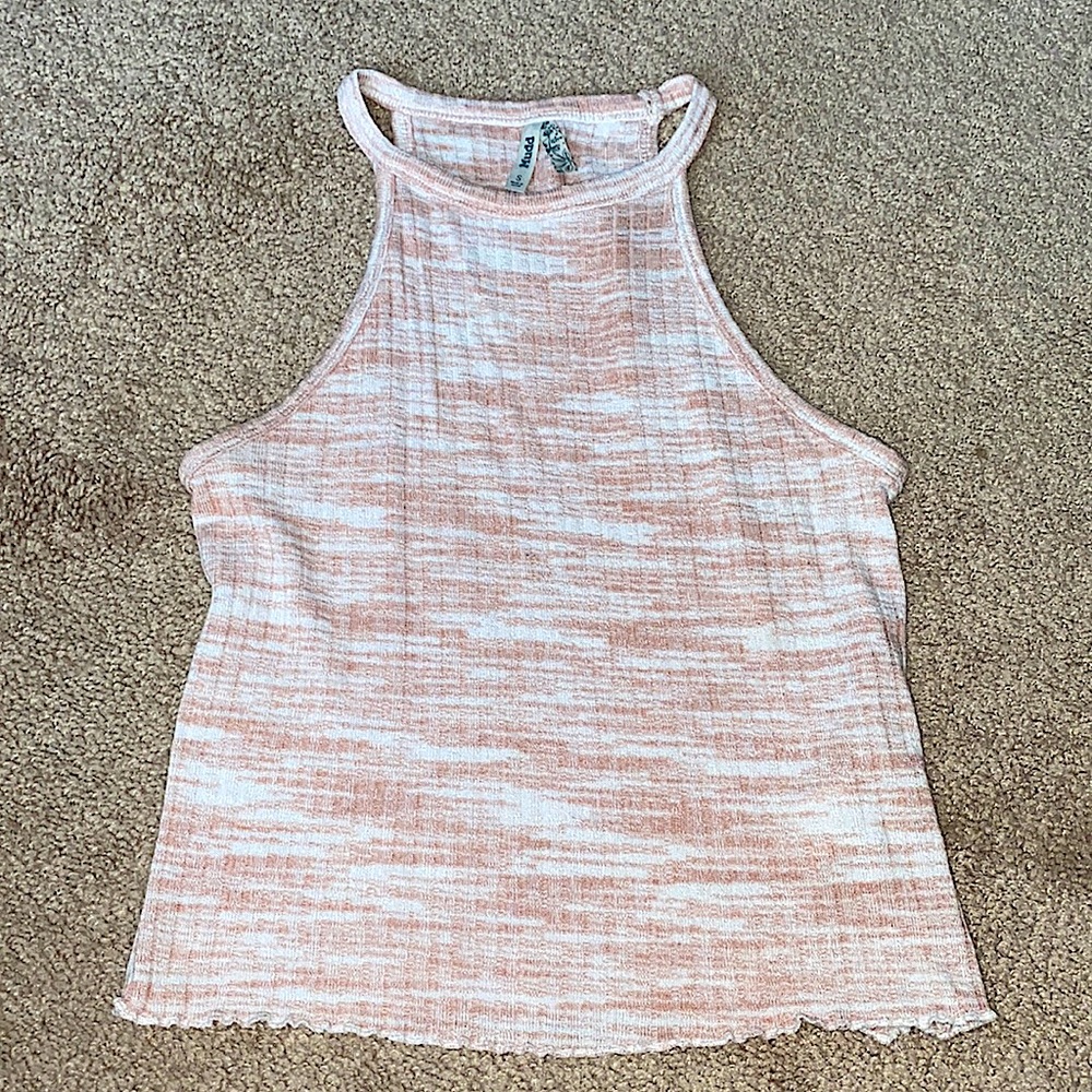 Mudd size Small. Pink and white tank top. Lettuce trim at bottom.
